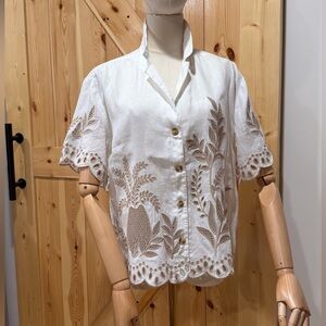 Magaschoni Linen White Embroidered Eyelet Short Sleeve Shirt - Women's Top
